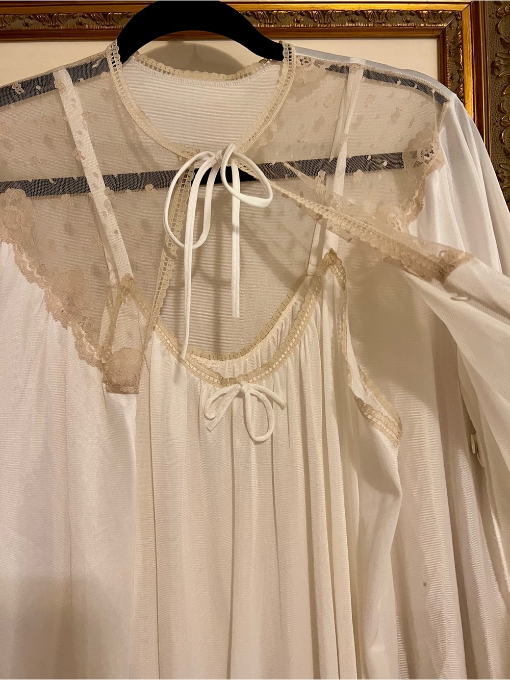 Vintage Sheer Lace-Yoke White Nightgown with Cream Trim -Bridal two peice set - Picture 2 of 4
